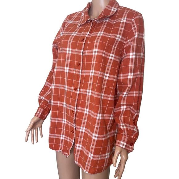 BLAIR brand Fall Burnt Orange plaid flannel button up collared SZ L 100% cotton - Picture 4 of 9